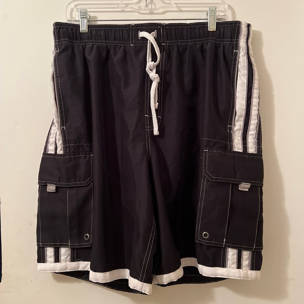 Men's Black Cargo Swim Shorts with White Stripe Size Large
